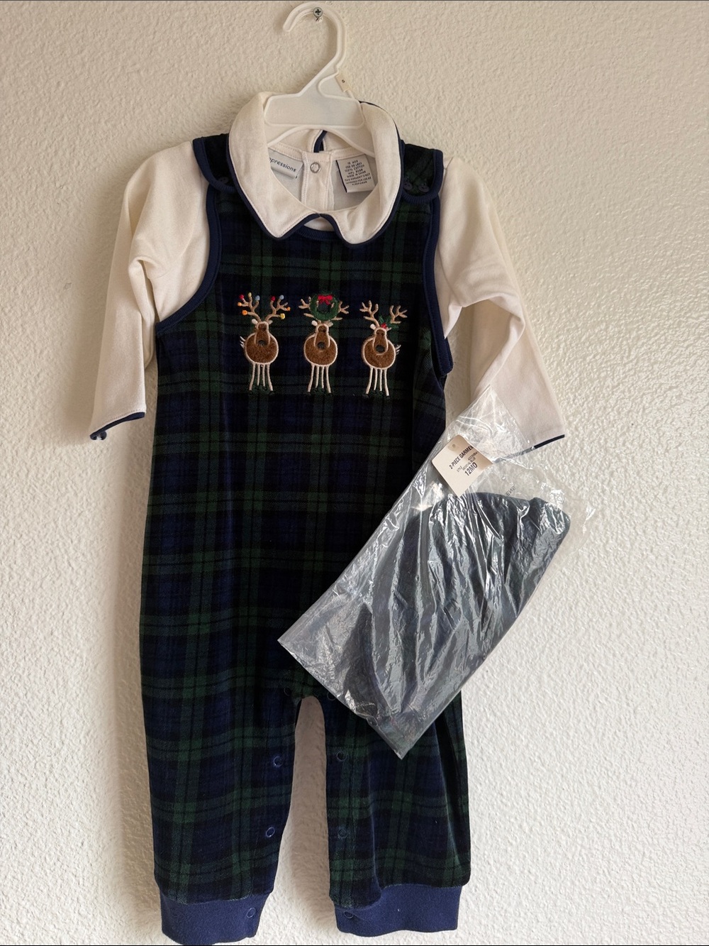 Vintage Classic Plaid Reindeer overall with White long sleeve size 12m